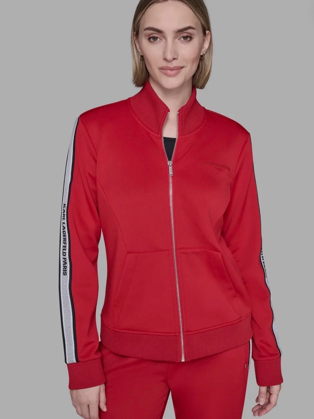 🧩Karl Lagerfeld Karl logo tape Red Zip-Front Jacket size L GUC